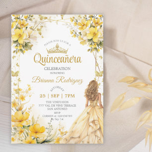 Invitación Tiara Floral Mariposa Quinceañera Amarillo Dorado