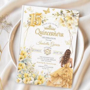 Invitación Tiara Floral Mariposa Quinceañera Dorada Amarilla