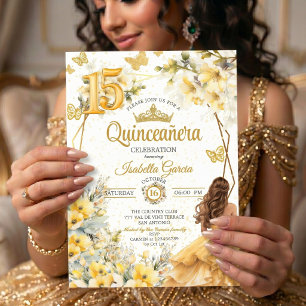 Invitación Tiara Floral Mariposa Quinceañera Dorada Amarilla