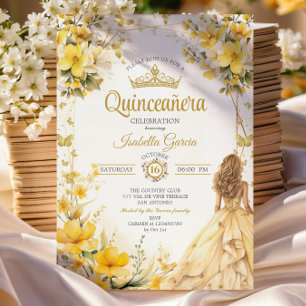 Invitación Tiara Floral Mariposas Amarillo Dorado Quinceañera