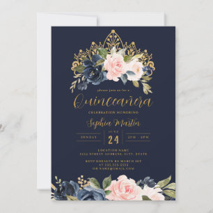 Invitación Tiara Floral Navy Blush Oro Quinceanera