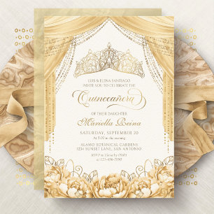 Invitación Tiara Floral Oro Amarillo Quinceañera Moderna