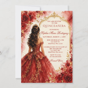 Invitación Tiara Floral Princesa de Oro Rojo Quinceañera