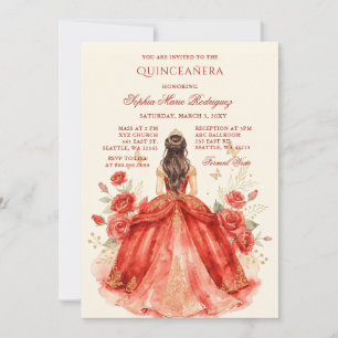Invitación Tiara Floral Princesa de Oro Rojo Quinceañera