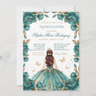 Invitación Tiara floral princesa oro azul verdoso Quinceañera