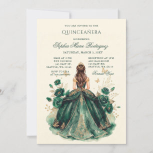 Invitación Tiara Floral Princesa Verde Dorada Quinceañera