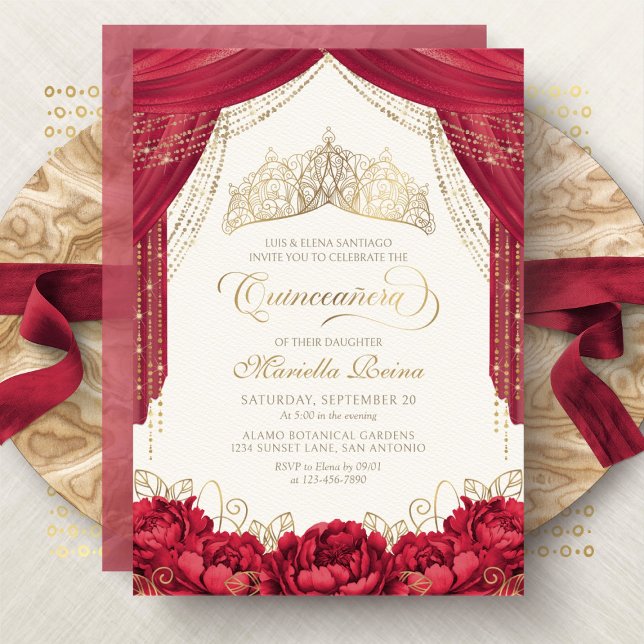 Invitación Tiara Floral Rojo Moderno Quinceanera (Subido por el creador)