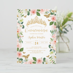 Invitación Tiara floral rosa dorada Quinceanera mariposa