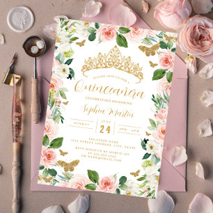 Invitación Tiara floral rosa dorada Quinceanera mariposa