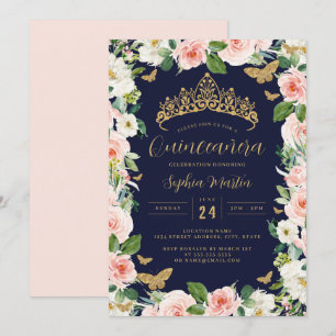 Invitación Tiara Floral Rosa Dorado Azul Marino Burgundy Quin