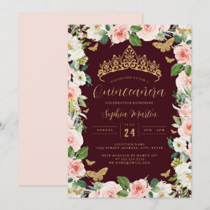 Invitación Tiara Floral Rosa Dorado Burgundy Quinceanera