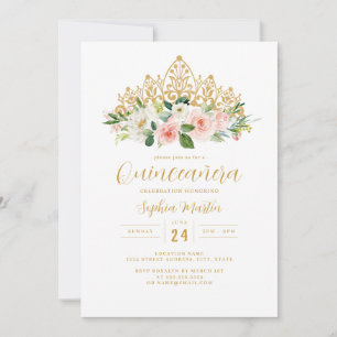 Invitación Tiara Floral Rosa Dorado Quinceanera 