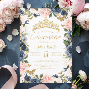Invitación Tiara floral rosa dorado y azul marino Quinceanera