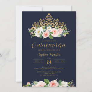 Invitación Tiara floral rosa marina dorada Quinceanera