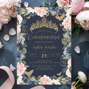 Invitación Tiara floral rosa Navy dorada Quinceanera Mariposa