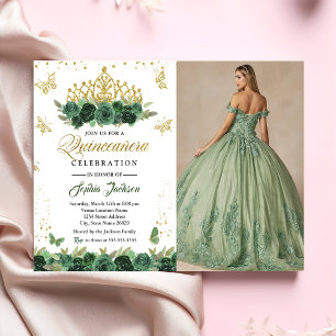 Invitación Tiara floral verde esmeralda mariposa Quinceanera 