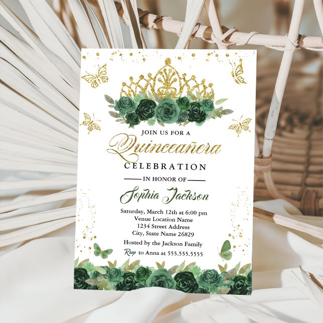 Invitación Tiara floral verde esmeralda mariposa Quinceanera  (Subido por el creador)