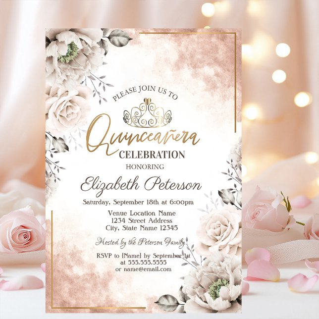 Invitación Tiara, Flores blancas Quinceañera (Subido por el creador)
