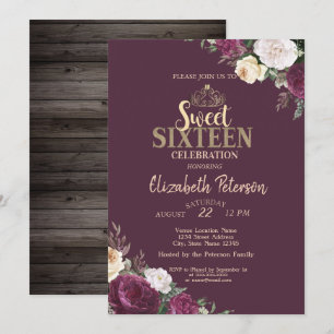 Invitación Tiara, flores de borgoña Fiesta 16 dulce de madera