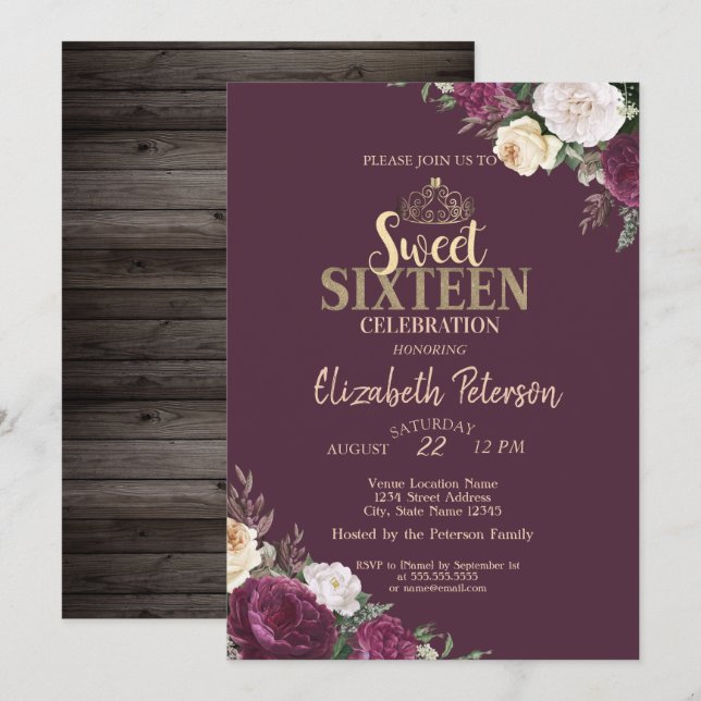 Invitación Tiara, Flores de Borgoña Madera Dulces 16 Fiesta (Anverso / Reverso)