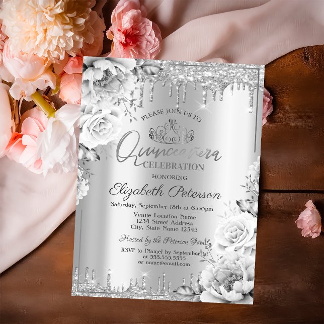 Invitación Tiara, Flores de gotas de brillo de plata Quinceañ (Subido por el creador)