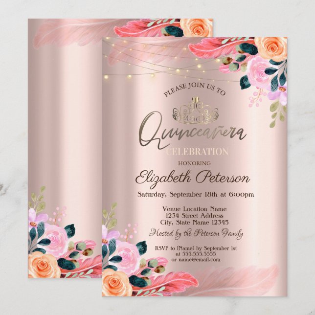 Invitación Tiara, Flores Plumas Rosa Dorado Quinceañera (Anverso / Reverso)