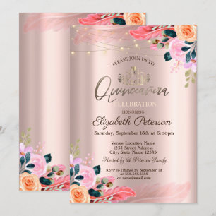 Invitación Tiara, Flores Rosa de plumas de oro Quinceañera