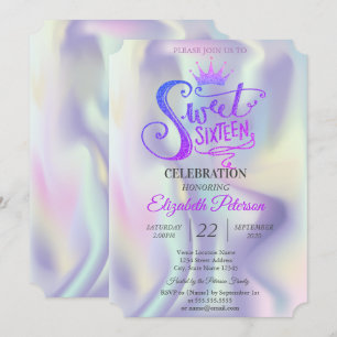 Invitación Tiara Glitter Chic Holográfica Fiesta Sweet 16