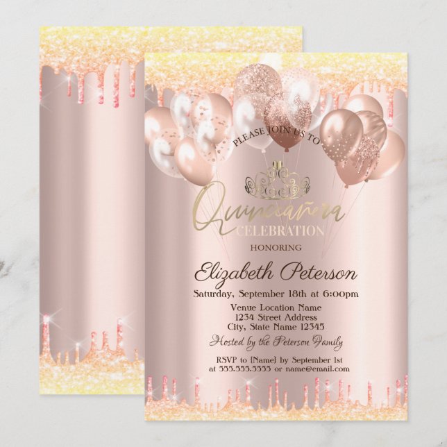 Invitación Tiara,Glitter Drops Globos Quinceañera (Anverso / Reverso)