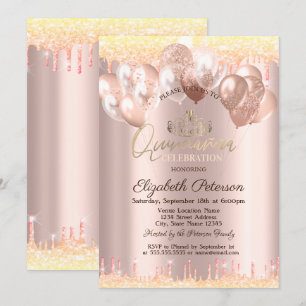 Invitación Tiara,Glitter Drops Globos Quinceañera
