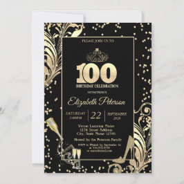 Invitación Tiara Glitter Heels Diamonds Swirls 100th Birthday