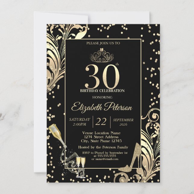 Invitación Tiara Glitter Heels Diamonds Swirls 30th Birthday (Anverso)