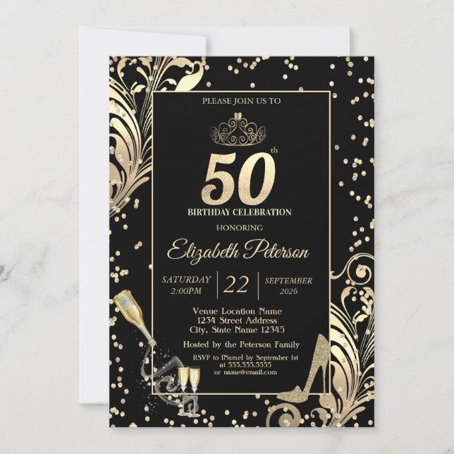 Invitación Tiara Glitter Heels Diamonds Swirls 50th Birthday (Anverso)