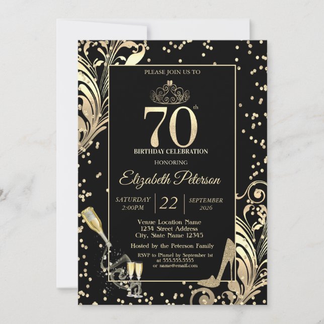 Invitación Tiara Glitter Heels Diamonds Swirls 70th Birthday (Anverso)