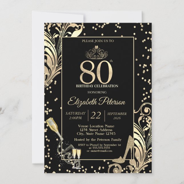 Invitación Tiara Glitter Heels Diamonds Swirls 80th Birthday (Anverso)
