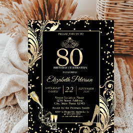 Invitación Tiara Glitter Heels Diamonds Swirls 80th Birthday