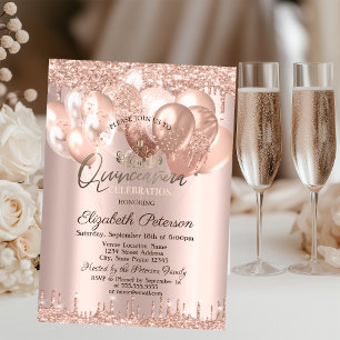 Invitación Tiara,Globos de Caída de Purpurina de Oro Rosa Qui