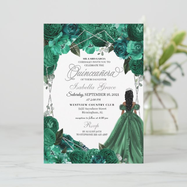 Invitación Tiara Green Princess Ball Gown Quinceanera (Anverso de pie)