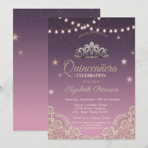 Invitación Tiara,Luces de Cadena,Encaje Quinceañera