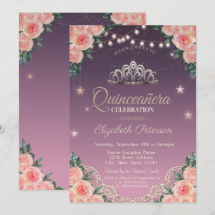 Invitación Tiara,Luces de Cadena,Encaje,Rosas Quinceañera