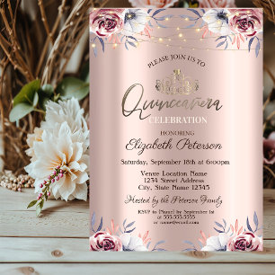 Invitación Tiara, Luces de Cadena Florales Rosa Dorado Quince