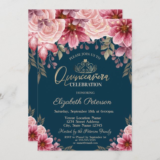 Invitación Tiara,Luces de Cadena Flores Azul Marino Quinceañe (Anverso / Reverso)