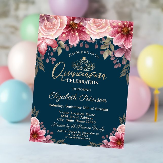 Invitación Tiara,Luces de Cadena Flores Azul Marino Quinceañe (Subido por el creador)