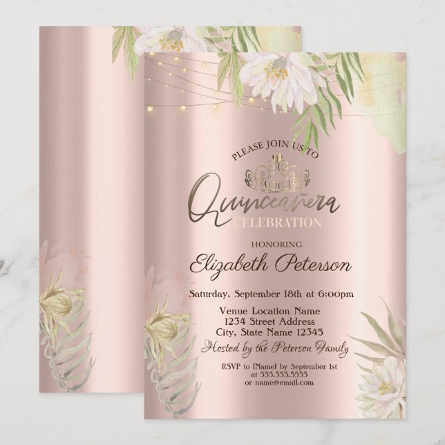 Invitación Tiara, Luces de Cadena Flores Boho Quinceañera  (Anverso / Reverso)