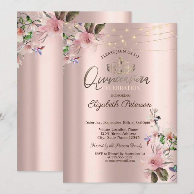 Invitación Tiara,Luces de Cadena Flores de Primavera Quinceañ (Anverso / Reverso)