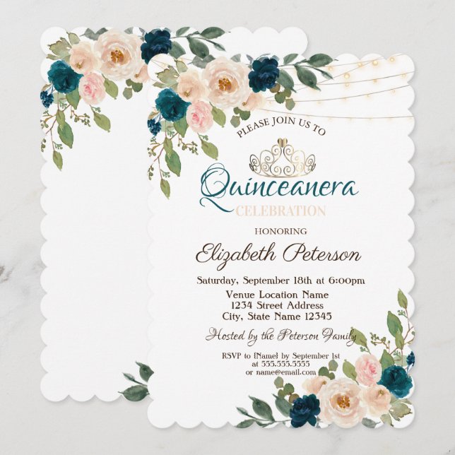 Invitación Tiara,Luces de Cadena Flores Quinceañera (Anverso / Reverso)
