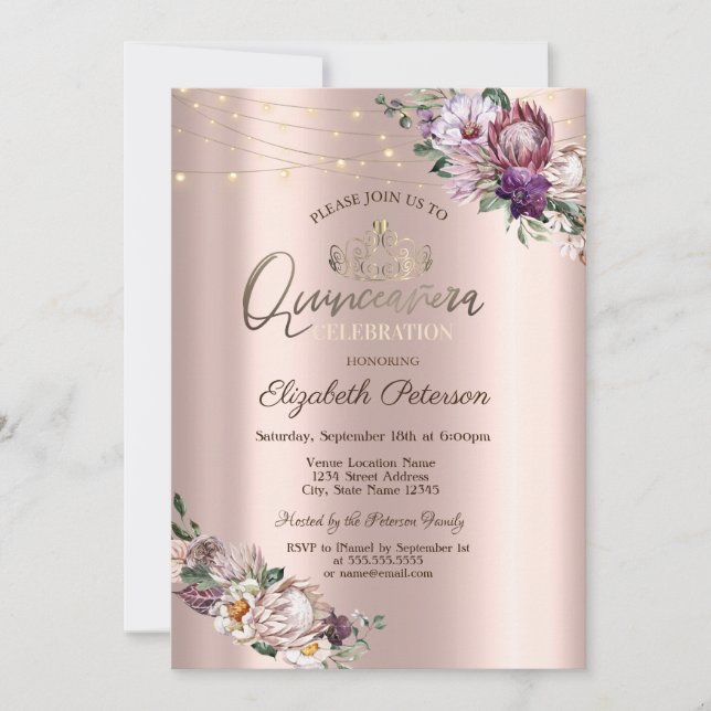 Invitación Tiara, Luces de Cadena Flores Tropicales Quinceañe (Anverso)