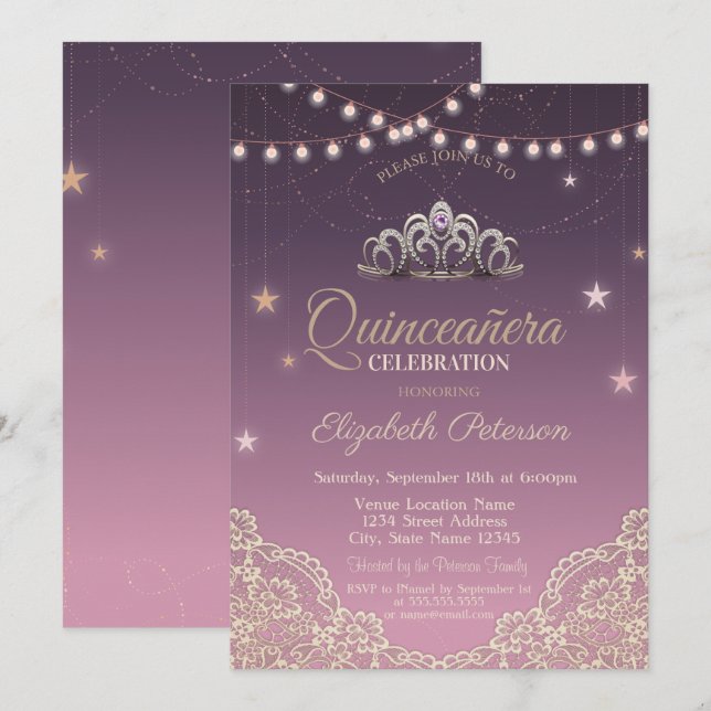 Invitación Tiara, luces de cadena, Lace Quinceañera (Anverso / Reverso)
