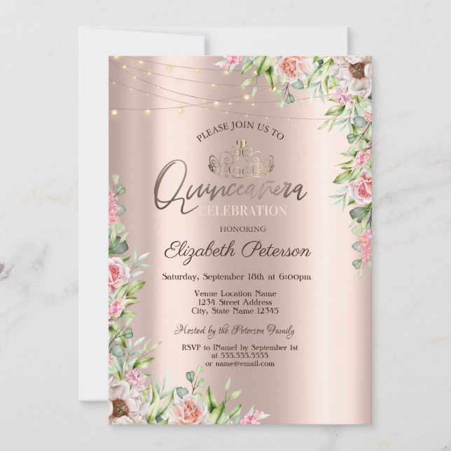 Invitación Tiara, luces de cadena, Rosas Quinceañera (Anverso)