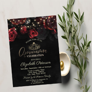 Invitación Tiara, Luces de Cadena Rosas Quinceañera Negra 